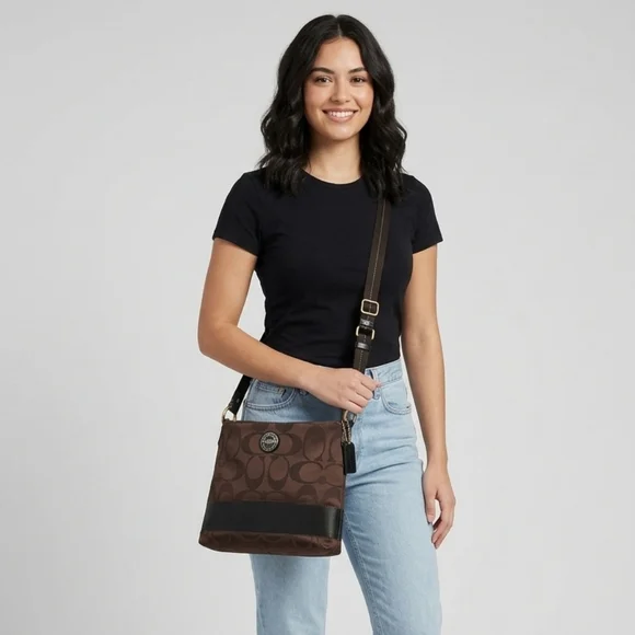 Coach Classic Brown Logo Print Large Travel Crossbody Bag Adjustable Strap - Picture 2 of 13